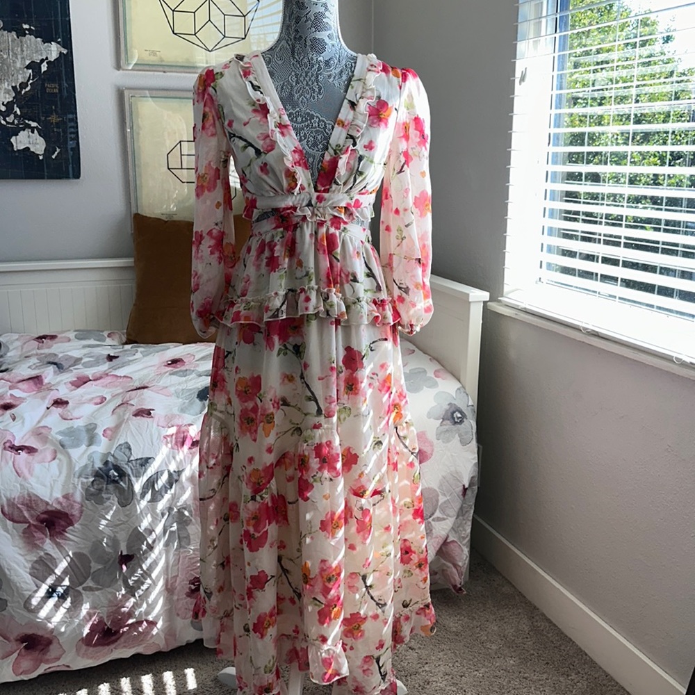 Floral Flowy, Puff Sleeve, Cut Out Cross Corset back long maxi dress with ruffle